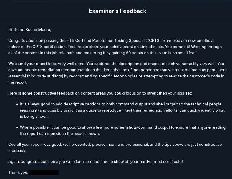 Examiner's feedback on my report.