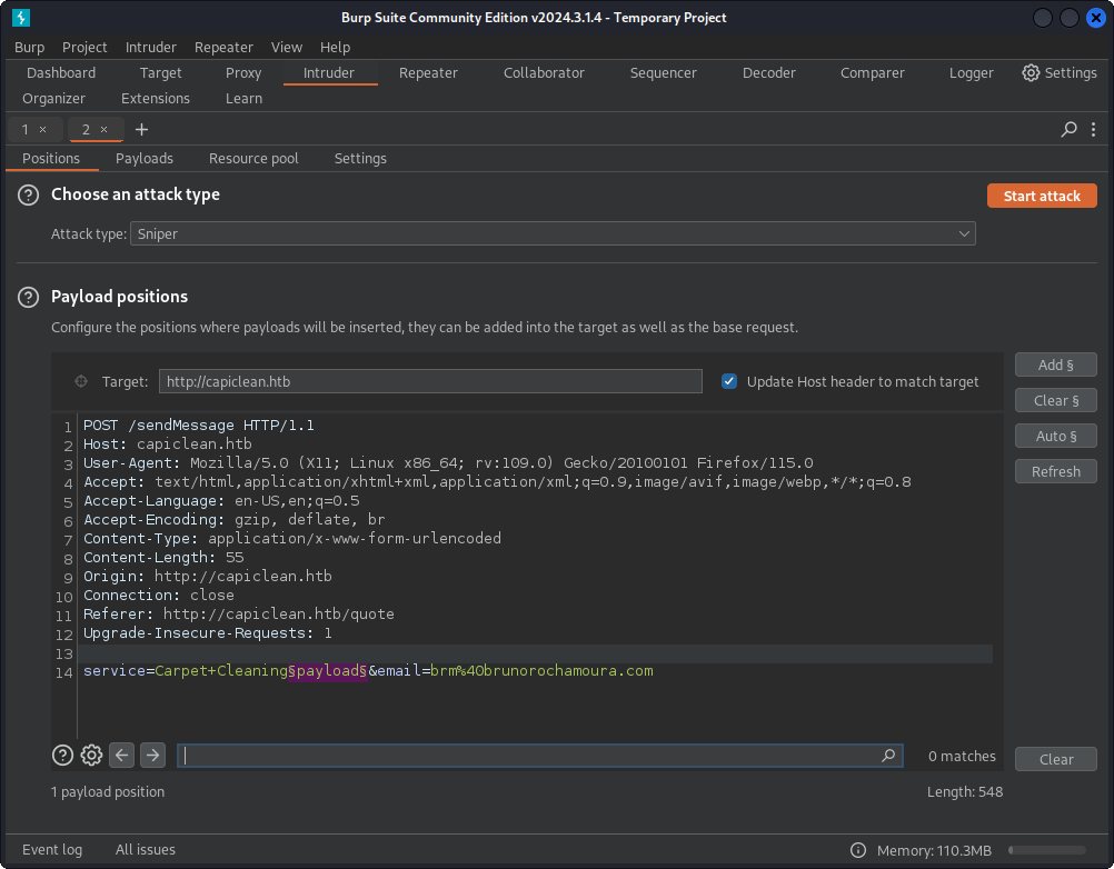 Fuzzing using Burp Suite's Intruder.