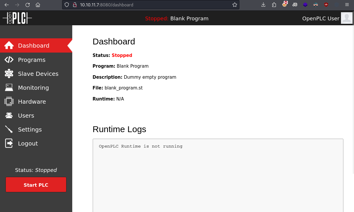 OpenPLC dashboard.